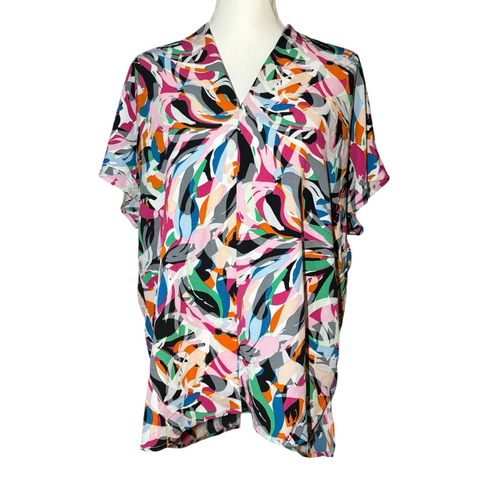 First Love Women's Large Rainbow Colorful‎ Short Sleeve V Neck Tunic Blouse Top